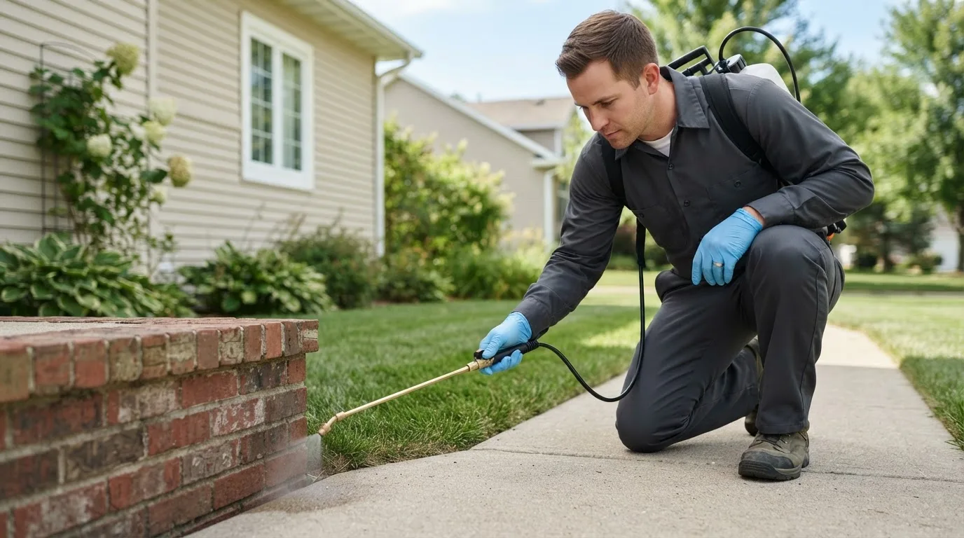 Pest control technician treating a home near Olmstedville, NY