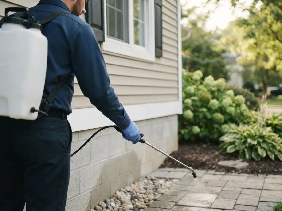 Pest control technician inspecting a home in Olmstedville, NY